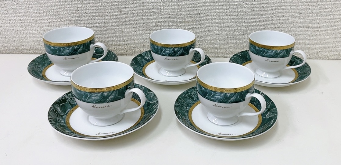 727 九谷焼 墨山水 カップ&ソーサー 5客 時代物 未使用 独特な 【送料