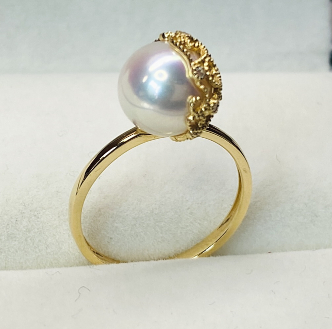 K18YG желтое золото Akoya Pearl Akoya 18 Золотое кольцо кольцо Половина сетки половина Ball 18k ~ 9 № 11 № 13 ~