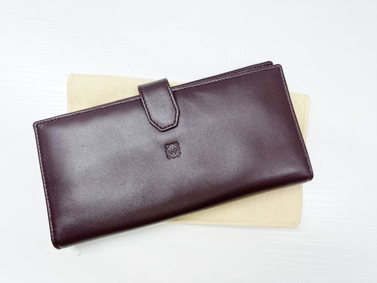 極 美品 保存袋 付き ロエベ アナグラム レザー 長財布 折り財布 ブラウン-