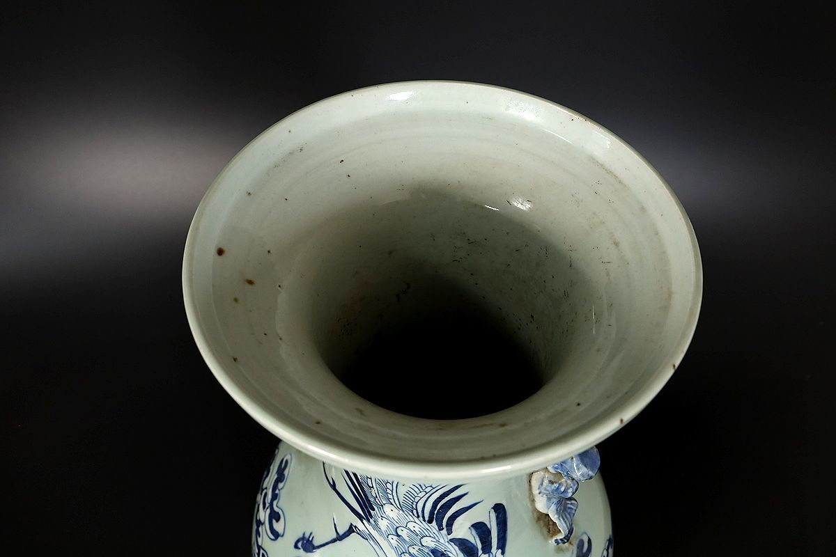 小】3343 中国古美術 唐物青磁 古染付麒麟鳳凰文大花生 大 小】3343 中国古美術 唐物青磁 古染付麒麟鳳凰文大花生 大