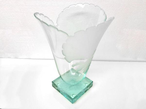 ガラス工芸 ◆ クリスタル バラ文 花瓶 クリア グリーン ◆ 幅283×奥行270×高さ415mm ◆ 置物 花器