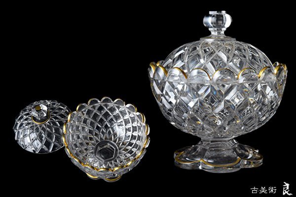 g3022 良 明治時代ギヤマン切子金彩菓子器2点 検 古美術骨董品室町時代