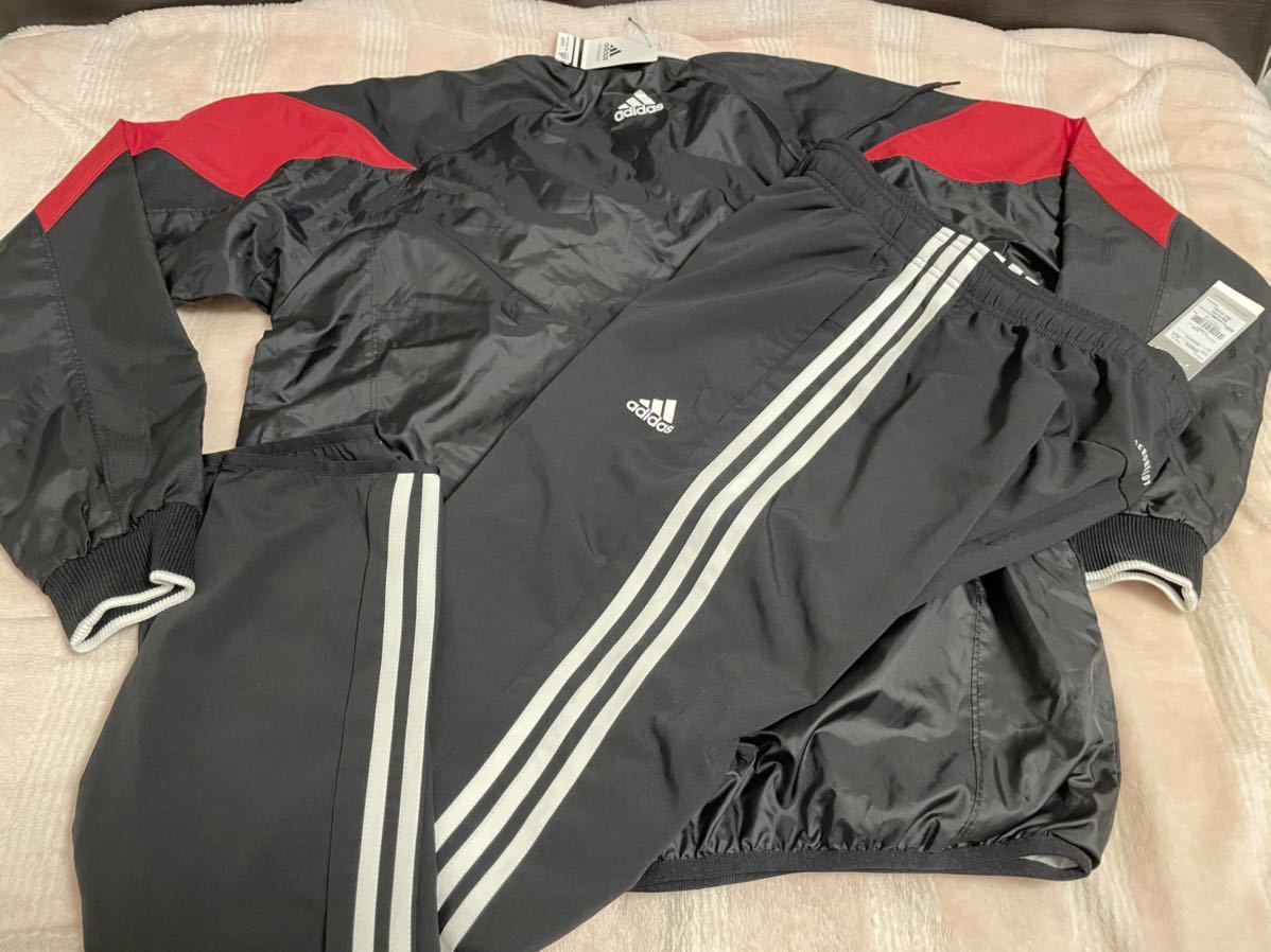 美品】 【O】新品☆adidas☆裏起毛ナイロンジャケット☆パンツ☆黒×白