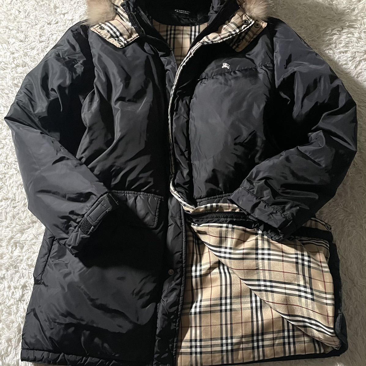 未使用級/Lサイズ●バーバリーブラックレーベル 高級ダウンコート ジャケット BURBERRY BLACKLABEL ファー ノバチェック ホワイトグース 黒_画像3