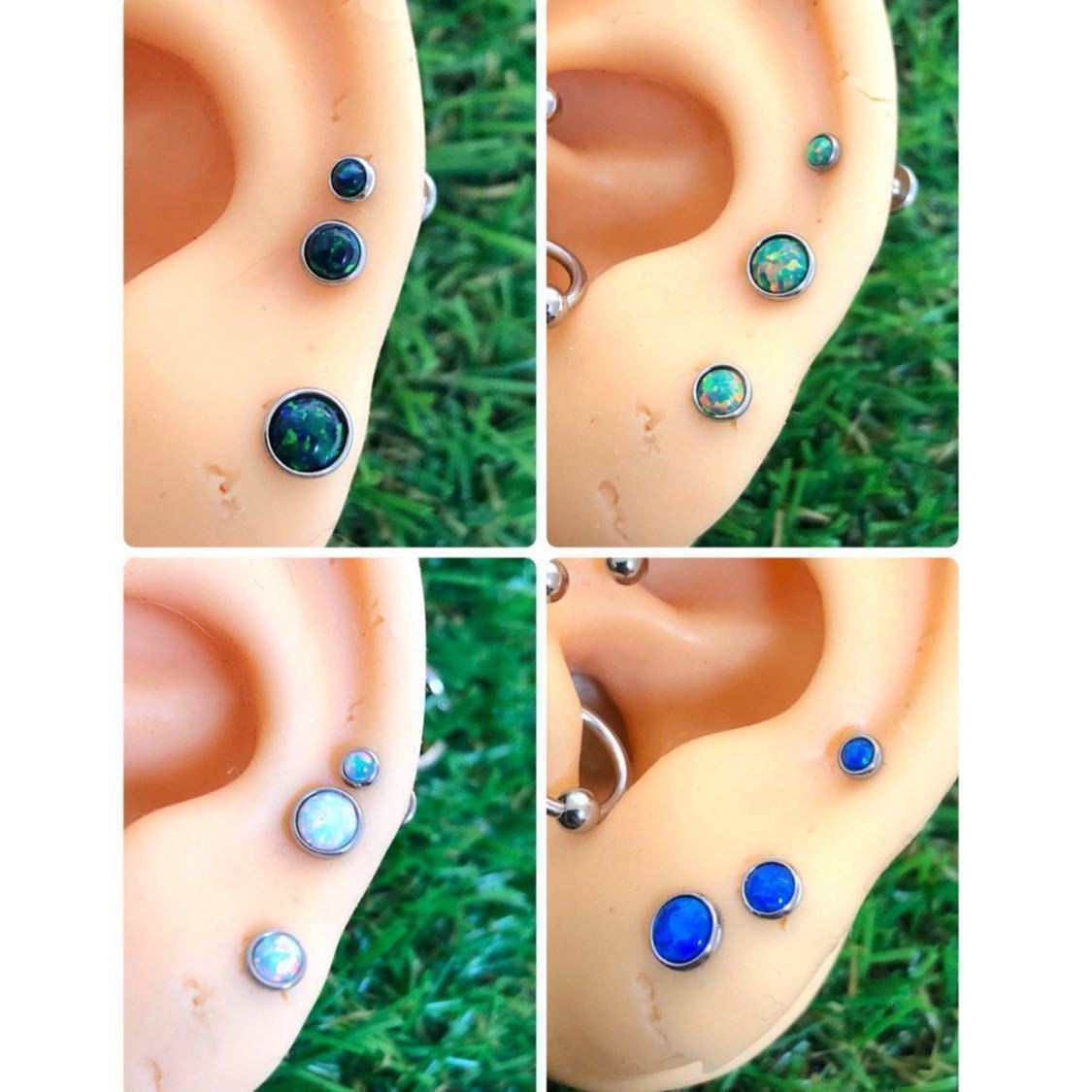 [6×3] body pierce 16G 1 piece la Brett stud .. earrings Synth tik opal tiger gas surgical stainless steel blue [ anonymity delivery ]