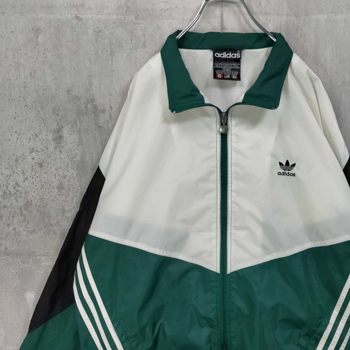 激レア 2XL adidas アディダス ナイロンジャケット 白 黒 緑 ロゴ ホワイト ブラック グリーン 古着 上着 トレフォイル  トラックジャケット