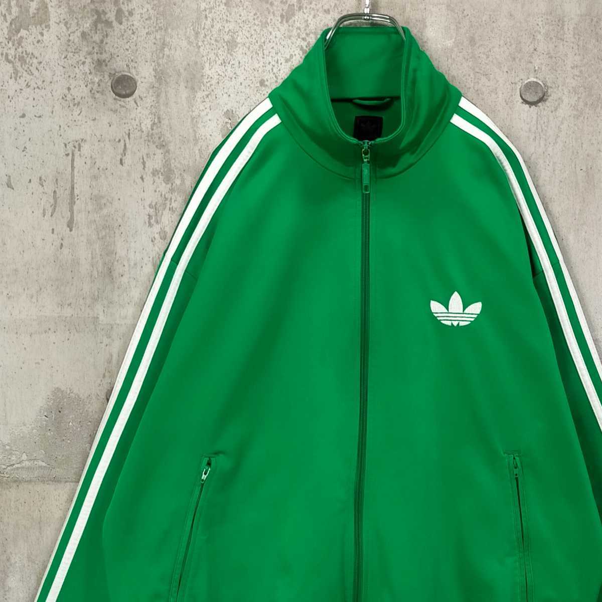 ゆったりサイズ 3XL adidas アディダス 緑 白 グリーン ホワイト ロゴ 古着 上着 トレフォイル ジャージ バイカラー トラックジャケット_画像1