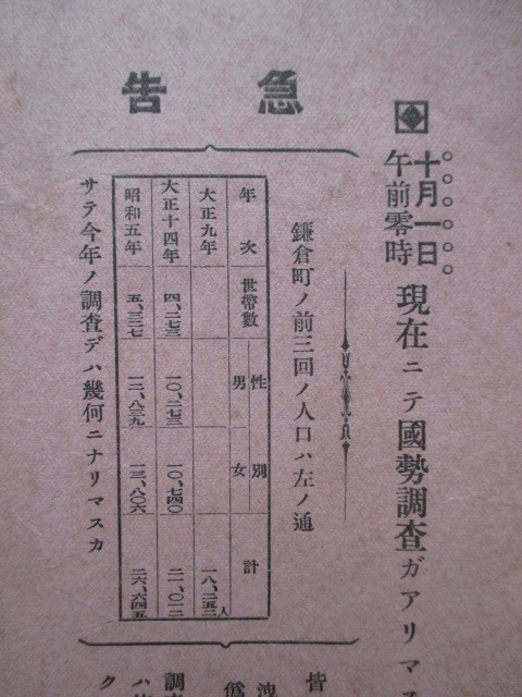 神奈川県鎌倉町◆第４回国勢調査実施急告通知◆昭４活版印刷◆文明開化統計学人口統計大正昭和相模国相州鎌倉市和本古書_画像2