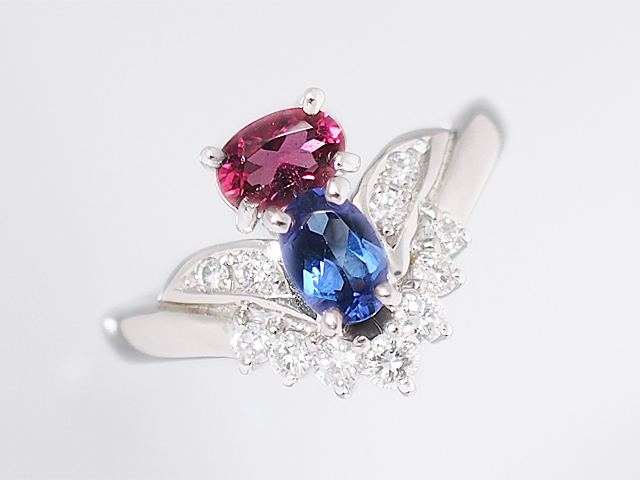最初の プラチナ Pt900 ダイヤ/0.32ct トルマリン/0.40ct タンザナイト