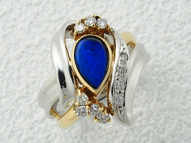音羽屋□ ボルダーオパール/1.14ct ダイヤ/0.24ct Pt900/K18YG リング