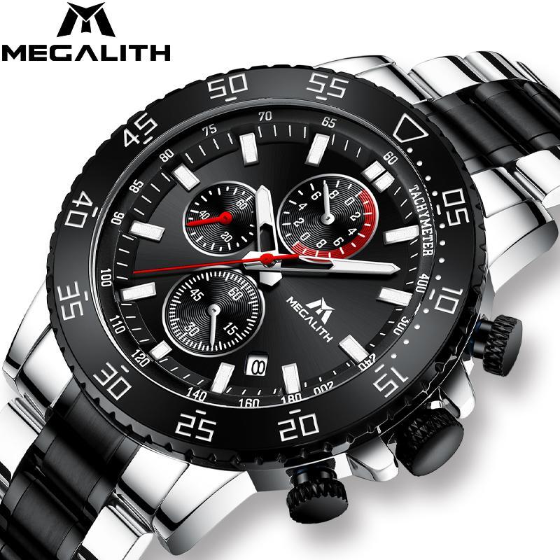 Megalith 軍事腕時計男性ステンレス鋼バンド防水クォーツ腕時計クロノグラフ時計男性ファッションスポーツ腕時計 8087_画像1