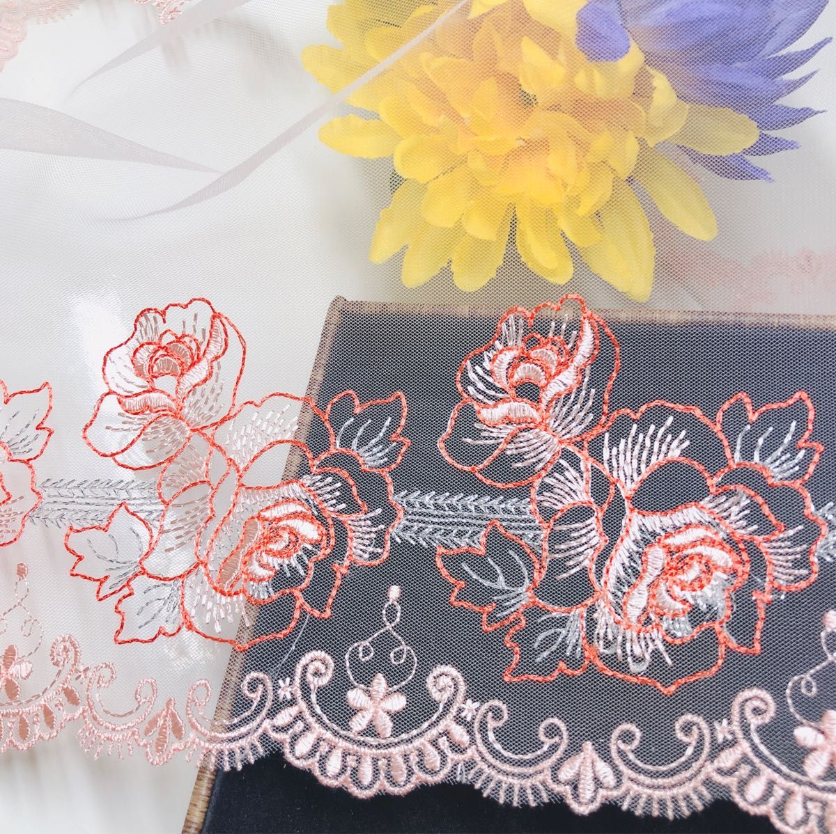 チュールレース・ラメ・花・刺繍・生地