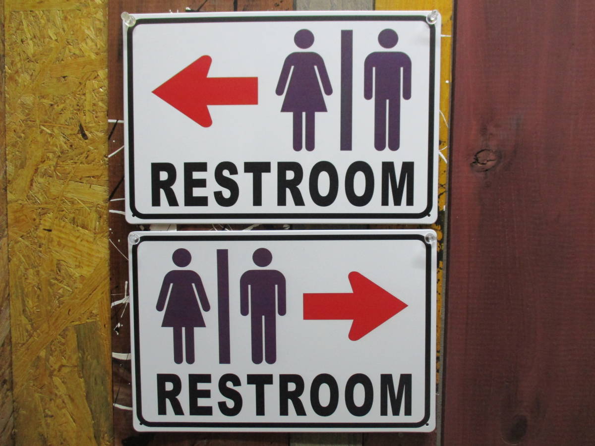 2枚 新品 トイレ ピクトサイン レストルーム 便所 案内板 表示 ステンレス 金属 RESTROOM toilet 化粧室 ブリキ看板 メタル パネル 矢印の画像2
