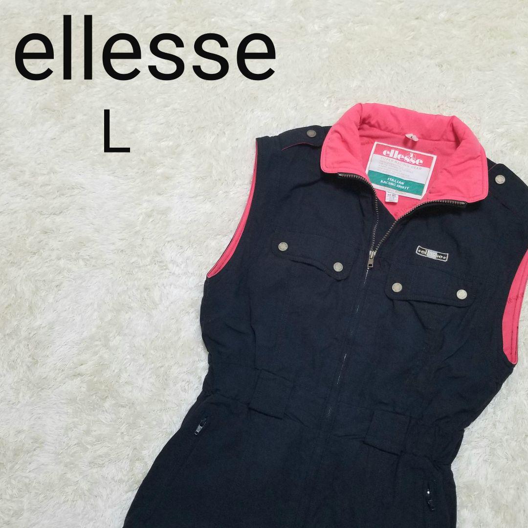 Y041 ellesse エレッセ スキーウエア スノボ 黒×ピンク ブラック L つなぎ ノースリーブ 中綿 レトロ ウインタースポーツ ゲレンデ 可愛い_画像1