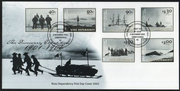 FDC H158 ロス海属領 南極探検1901-1904 観測隊 帆船 6V完貼り 2002年発行 初日カバー_画像1