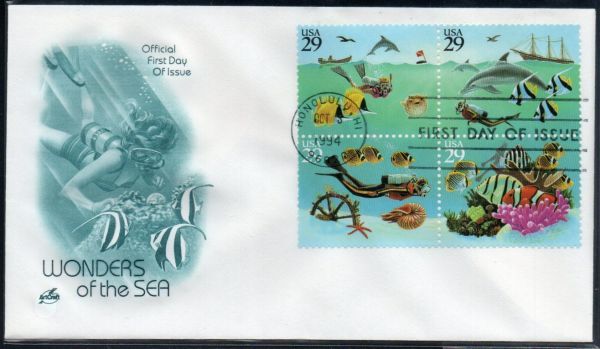 FDC H176 アメリカ 海の不思議 魚 イルカ ダイバー 4V完貼り 1994年発行 初日カバー_画像1