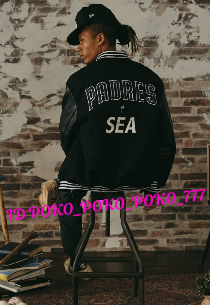 即決 未使用 23SS 新作 WIND AND SEA ウィンダンシー × MLB SAN DIEGO PADRES 袖レザー スタジャン ジャケット Ｌサイズ 即完売品 _画像3