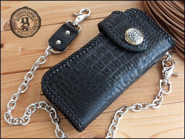 即購入OK ゴダン GODANE限定 ハンドメイド カイマンクロコ革&サドルレザー バイカーズウォレット 長財布 817bk/Gch