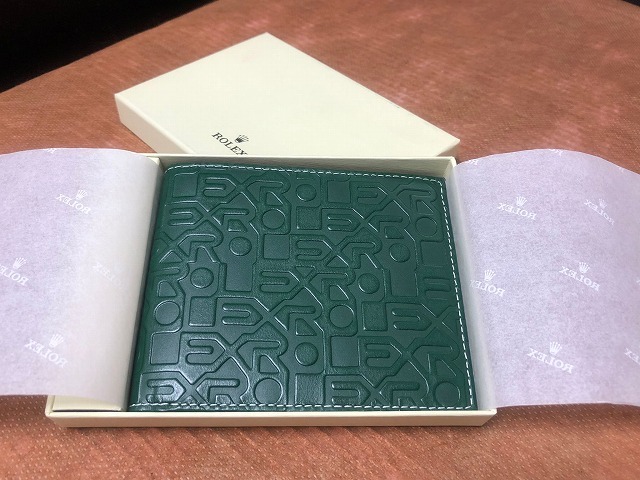ロレックス 二つ折り 財布 ウォレット エンボス加工 型押し レザー グリーン 緑色 ノベルティ カードケース 名刺入れ 未使用 ROLEX 非売品