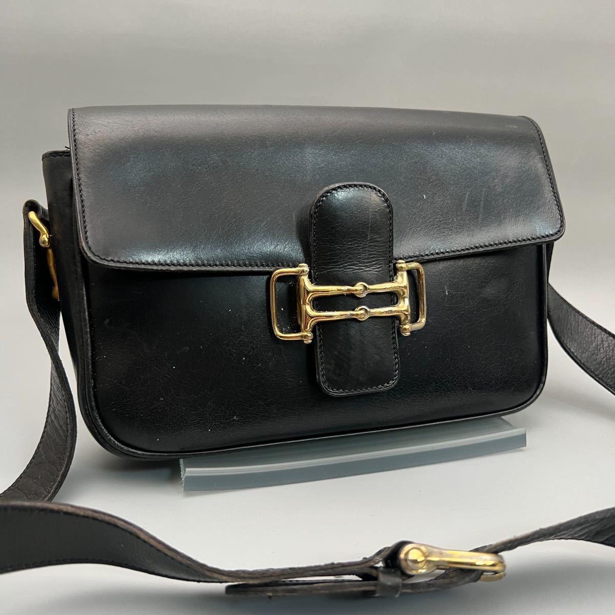 1円〜 CELINE セリーヌ ショルダーバッグ ボックスカーフ レザー ゴールド金具 ホースビット 黒 ブラック ヴィンテージ オールド ロゴ