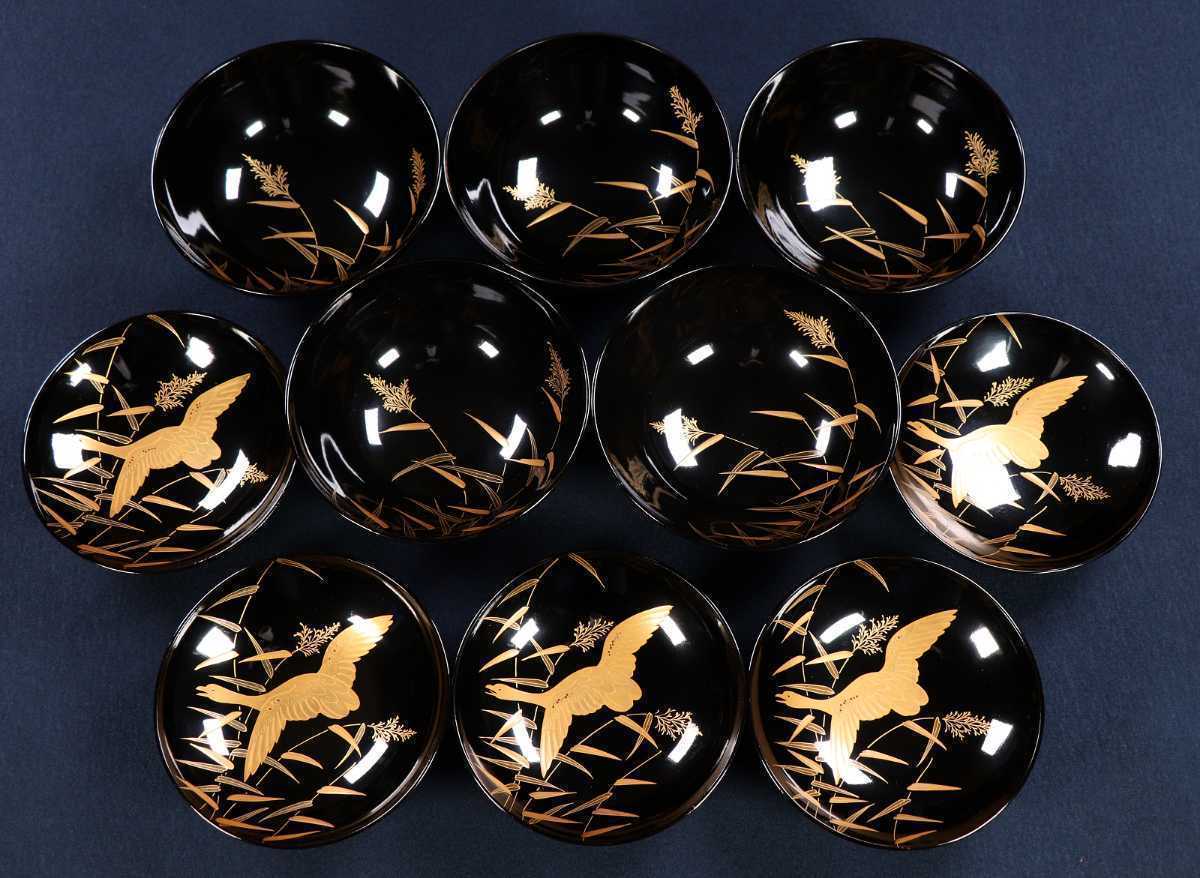 CC9 能登輪島塗 花鳥金蒔絵黒塗椀五客 伝統工芸品 時代木製漆器 高盛