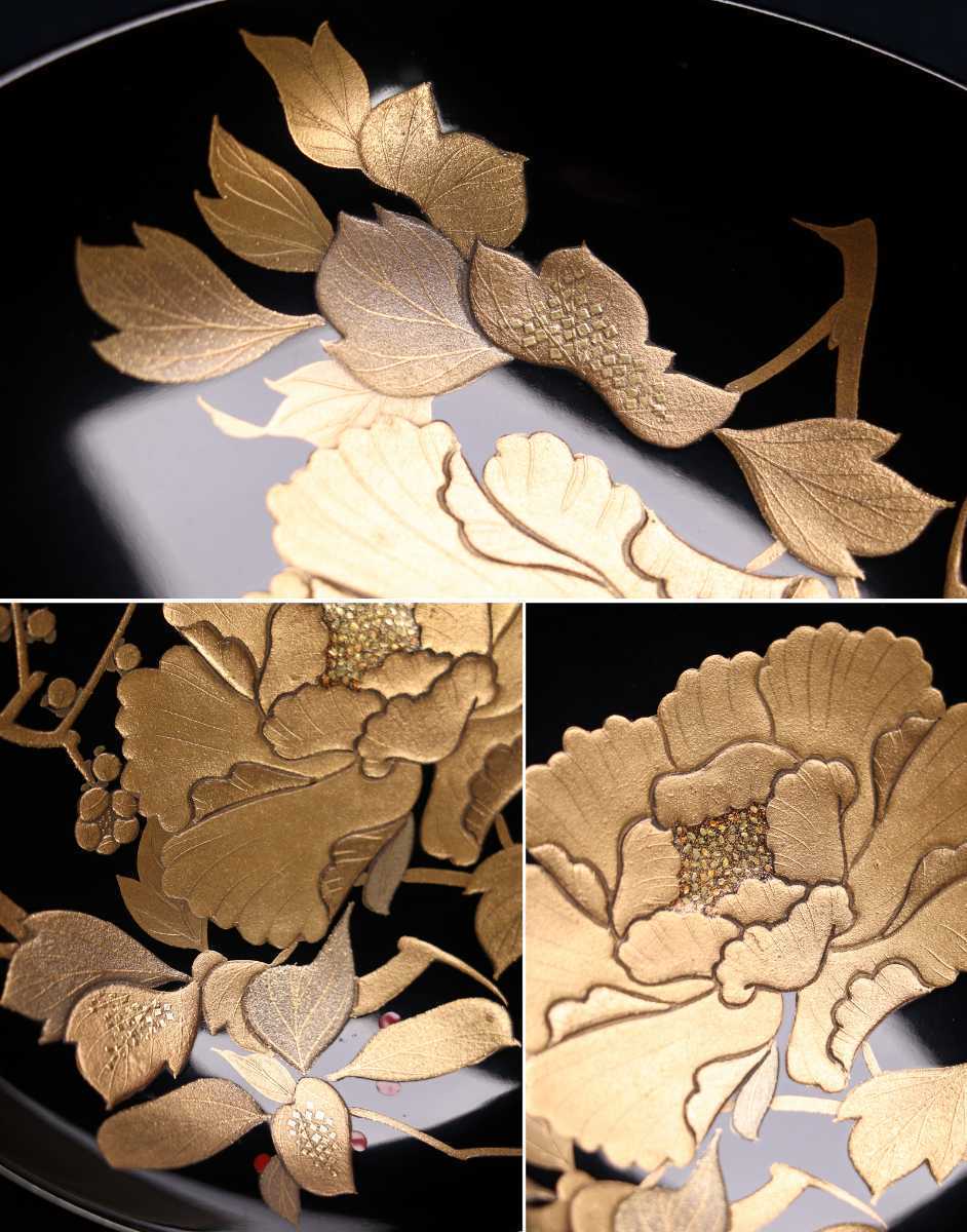 CC85 加賀蒔絵 草花本金蒔絵黒塗煮物椀五客 高盛切金梨地細密木製漆器