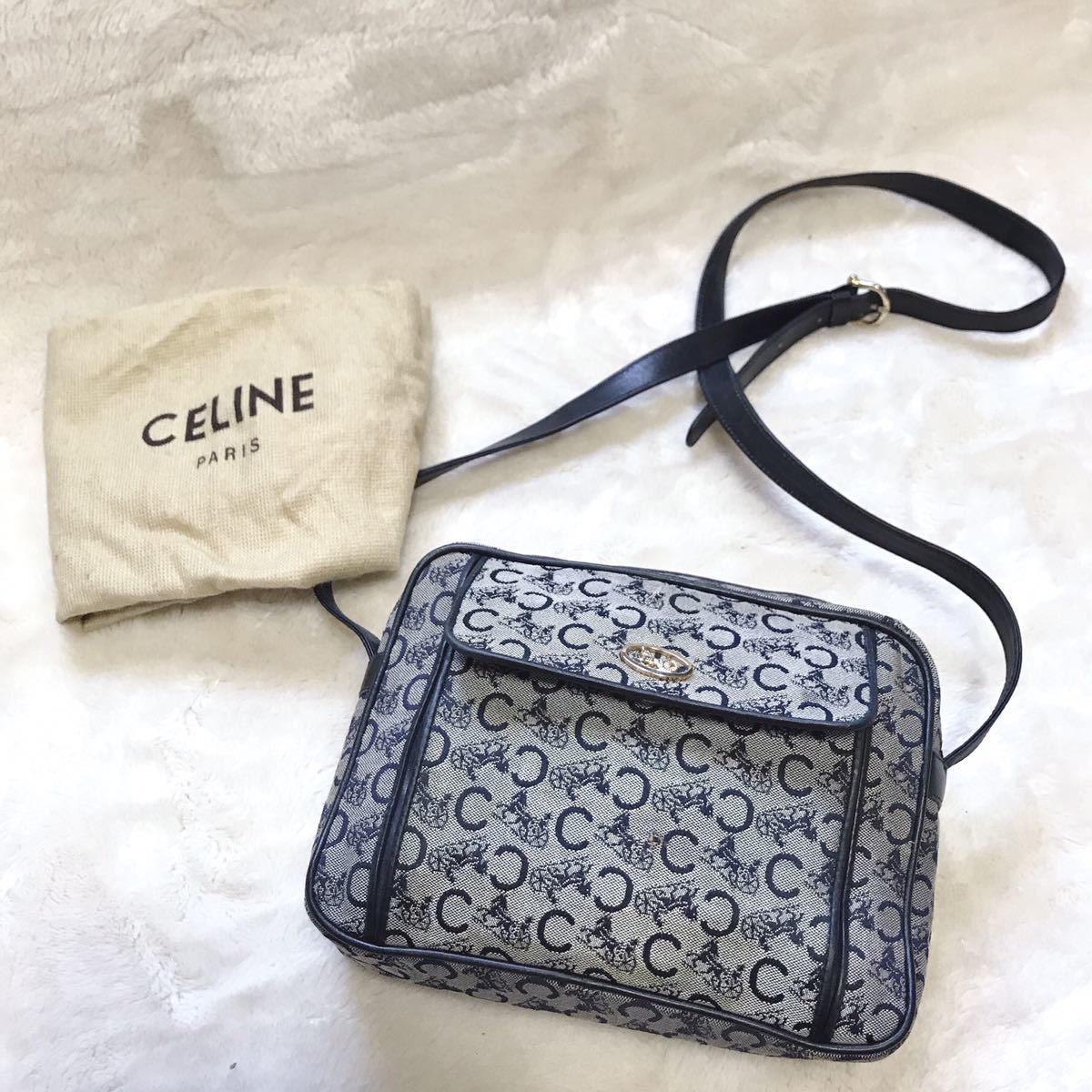 オールドセリーヌ CELINE ショルダーバッグ Cマカダム 馬車金具 ネイビー 総柄 クロスボディ 斜めがけ ボックス型 マルチカラー_画像1