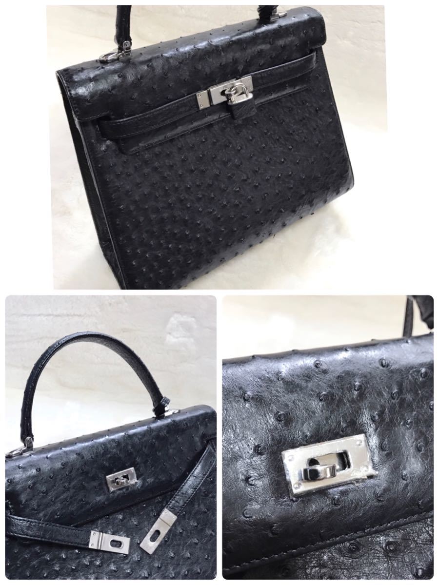 超高級 ブラック 美品 オーストリッチ ハンドバッグ 黒 定価38万 オーストリッチ2way トートバッグ カデナ JRAタグ付き 南京錠付き ハンドバッグ 本革 フォーマル ショルダーバッグ レザーバッグ トートバッグ 美品 ブラック 黒 ショルダーバッグ