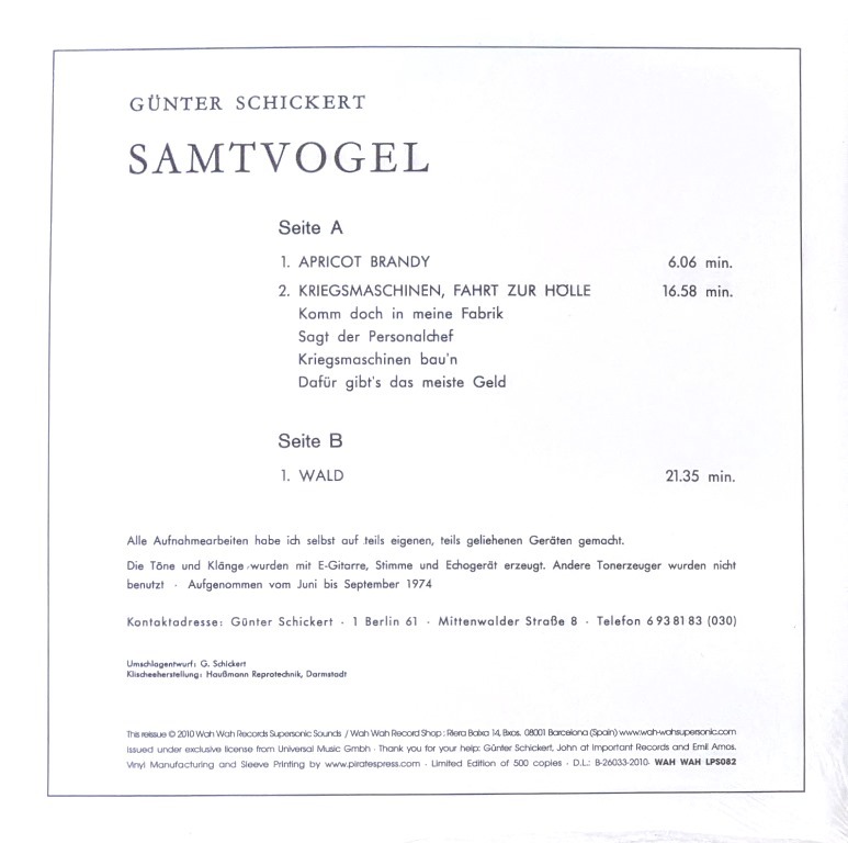Gunter Schickert - Samtvogel 限定リマスター再発アナログ・レコード