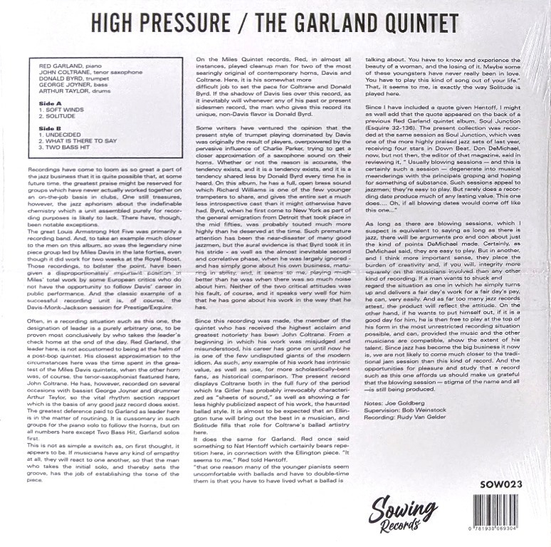 The Red Garland Quintet With John Coltrane And Donald Byrd - High Pressure 限定再発クリアー・カラー・アナログ・レコード _画像2