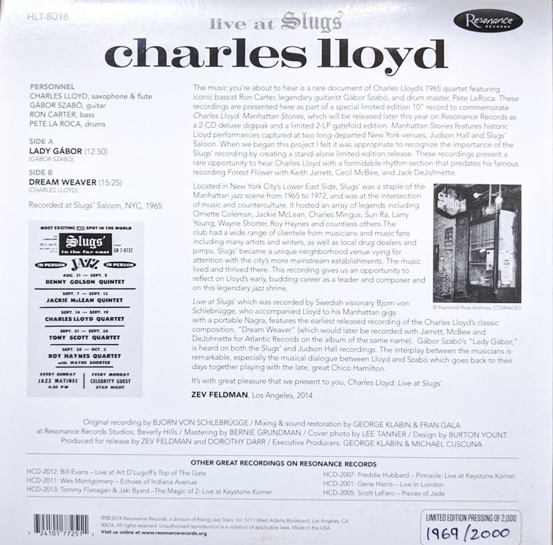 Charles Lloyd チャールス・ロイド - Live At Slugs' Record Store Day 2014 2,000枚限定10インチ・オレンジ・カラー・アナログ・レコード