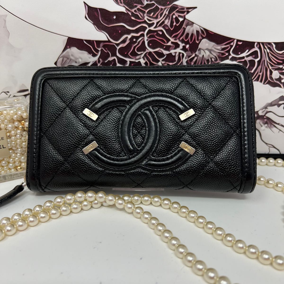 CHANEL シャネル キャビアスキン CC フィリグリー ミドル ラウンドジップウォレット