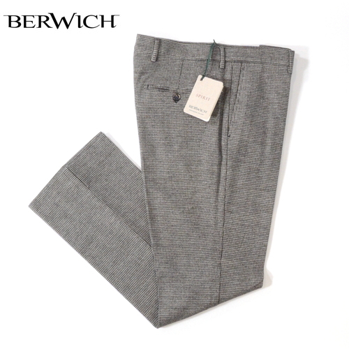 【定価2.5万・新品・46】BERWICH（ベルウィッチ）MIRTO ビスコースナイロンハウンドトゥース ノープリーツブーツカットパンツ グレー_画像1