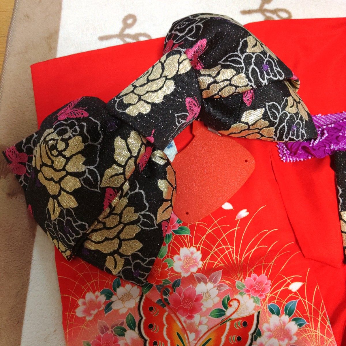 7歳七五三着物フルセットレッド赤朱色蝶着物襦袢seikomatsuda作り帯