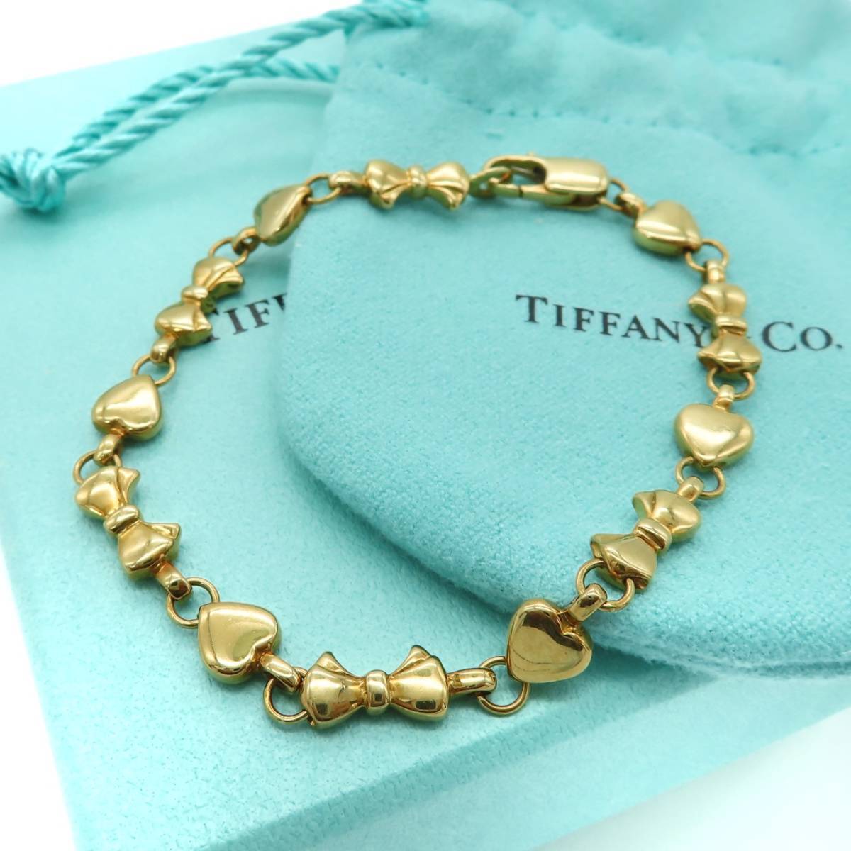 極希少 美品 Tiffany&Co. ティファニー リボン ハート ゴールド ブレスレット 750 K18 AA211