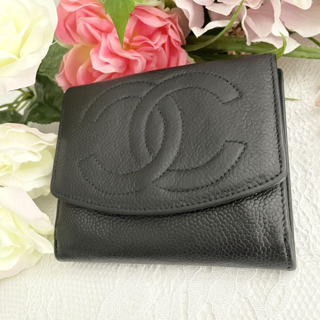 W174 CHANEL シャネル キャビアスキン ココマーク Wホック 二つ折り