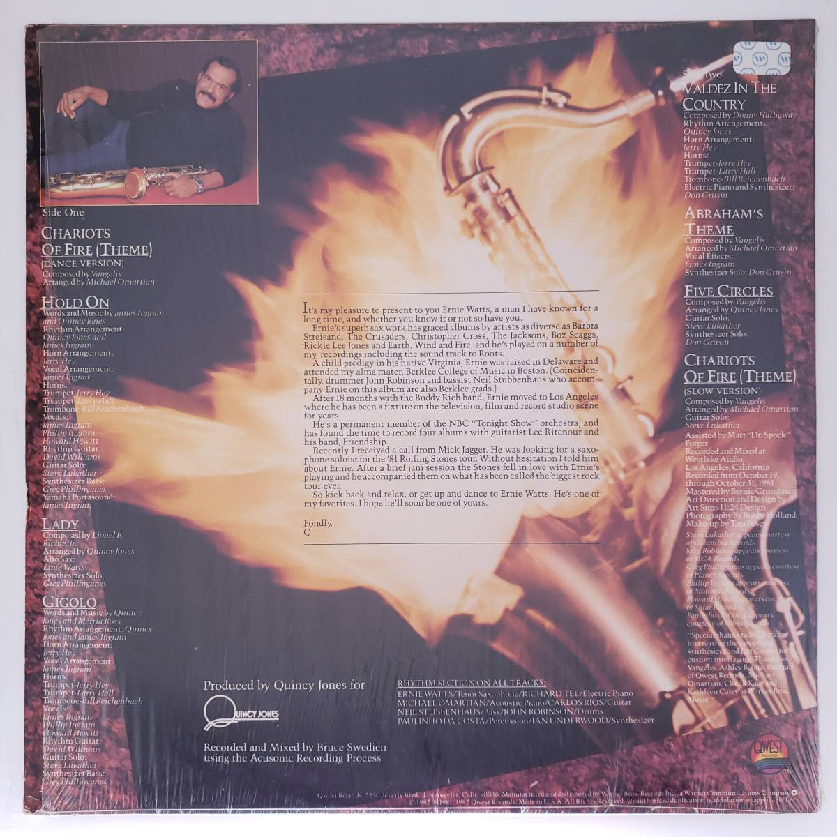 良盤屋◆LP◆Jazz；US 輸入盤 アーニー・ワッツ/炎の走者　 Ernie Watts/Chariots Of Fire/1982 ◆Funk / Soul◆J-3057_画像2