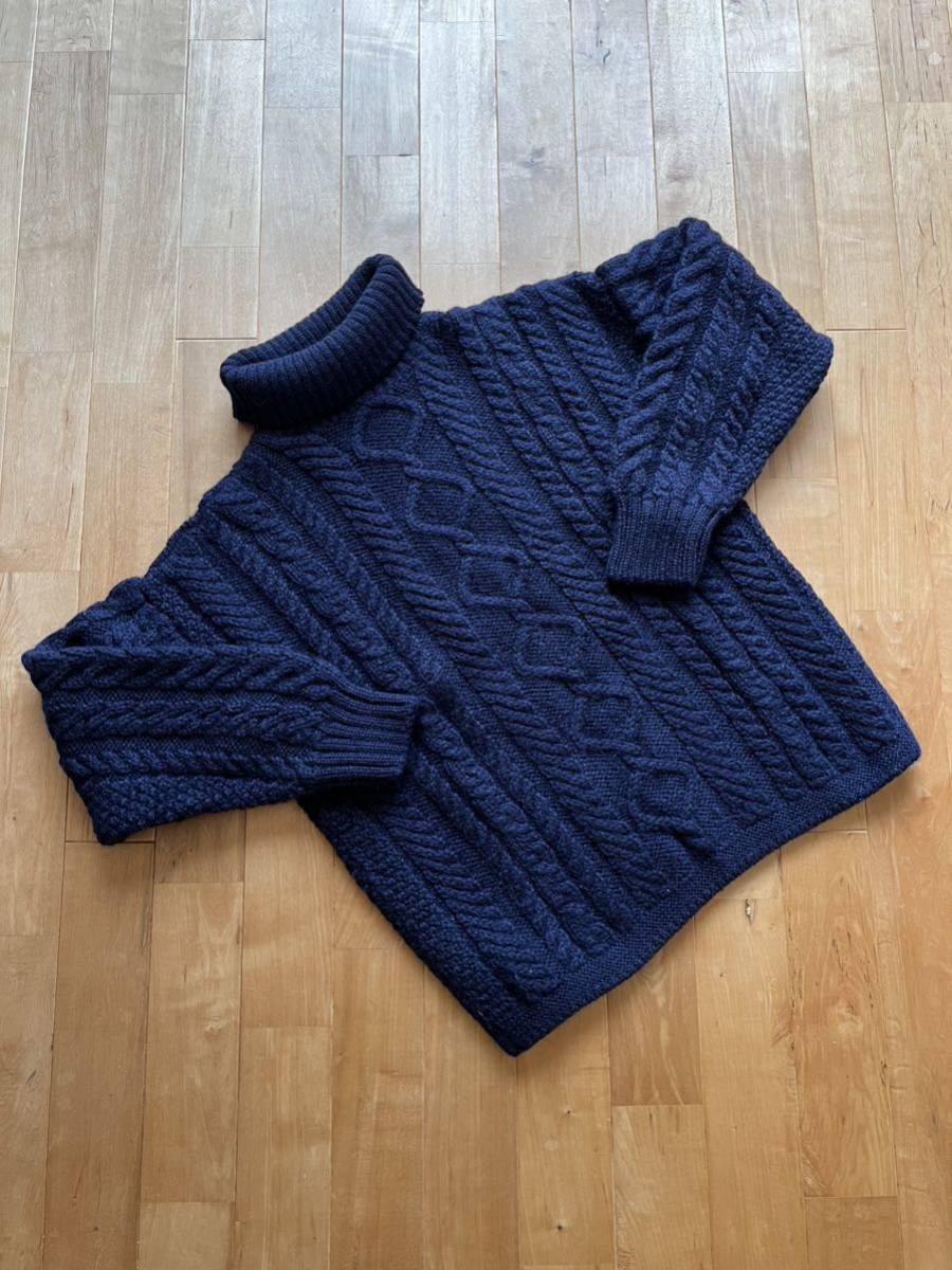 SHIPS別注 Guernsey WOOLLENS ガンジーウーレンズ タートルアランニット サイズ34 ガンジーセーター フィッシャーマンセーター ネイビー