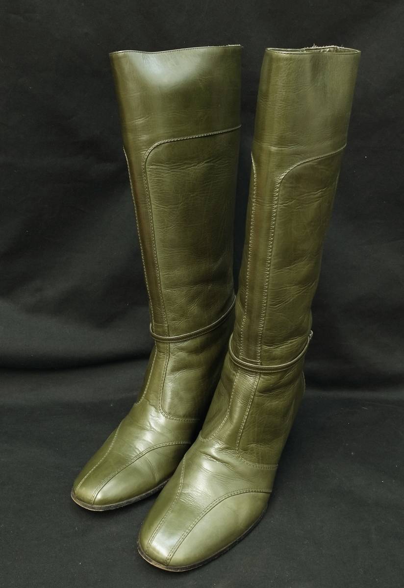 [箱付] BALLY TIGAS LONG BOOTS バリー ティガス レザー ロング 5cm ヒール ブーツ 36 1/2 イタリア製 緑 モスグリーン 店舗受取可_画像2