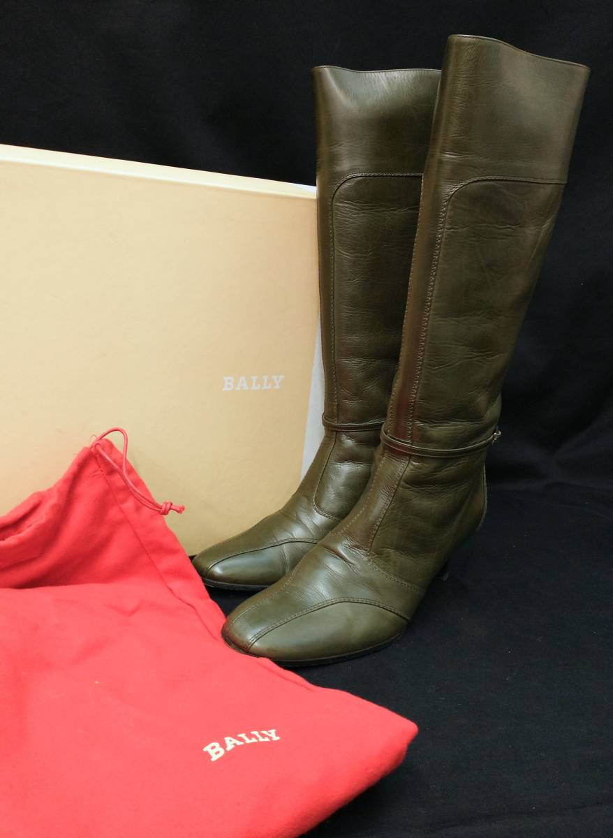 [箱付] BALLY TIGAS LONG BOOTS バリー ティガス レザー ロング 5cm ヒール ブーツ 36 1/2 イタリア製 緑 モスグリーン 店舗受取可