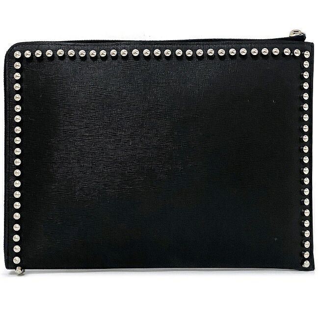 フェンディ クラッチバッグ ブラック 刺繍 8M0370 L字 ファスナー レザー スタッズ ファー 中古 FENDI