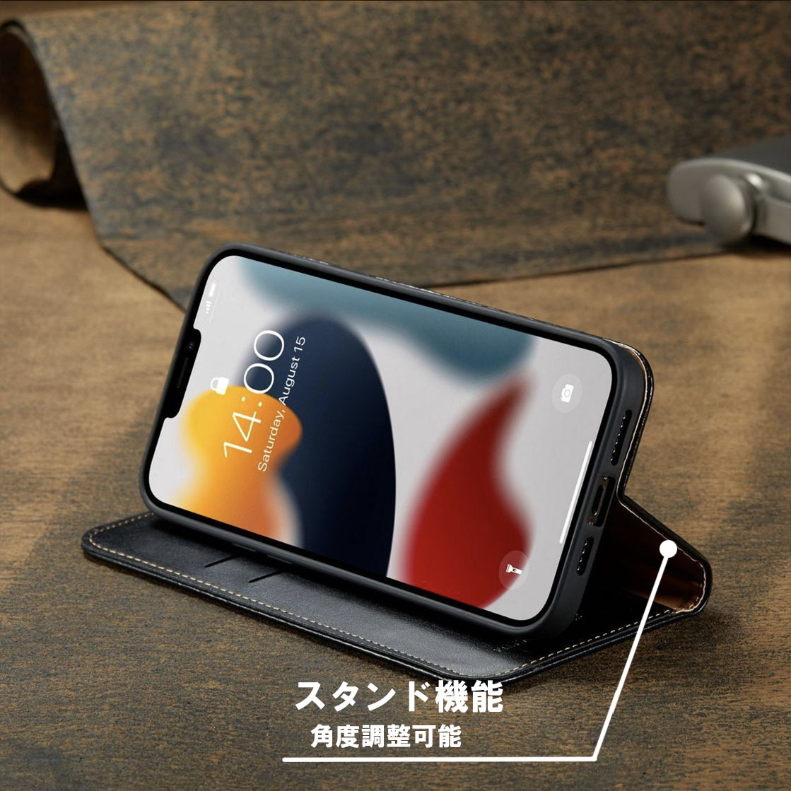 レザー 手帳型 スマホケース 高品質 iphone 13Pro 対応 本革調 ブラック カバー