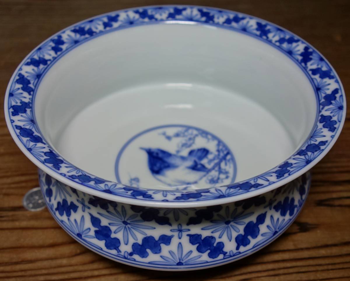 清朝乾隆期　茶鉢　倣明朝期官窯　Blue & White（青花）　上品　染付　梅の花鳥（ウグイス・Warble・）図　最高級茶道具　陶磁器研究_画像3