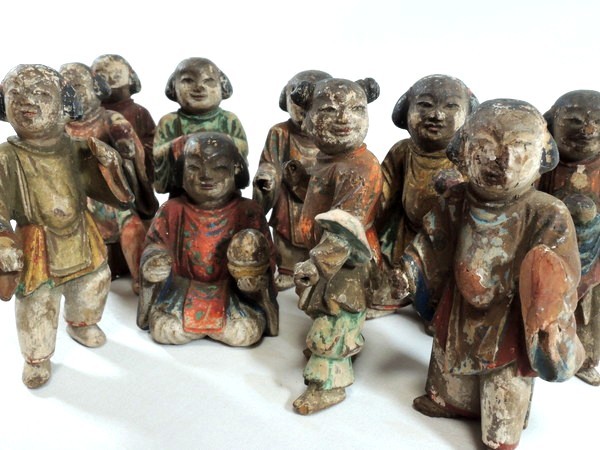 時代物/彩色木彫唐子人形/10体セット/彫刻/置物/オブジェ/木造/木像/唐