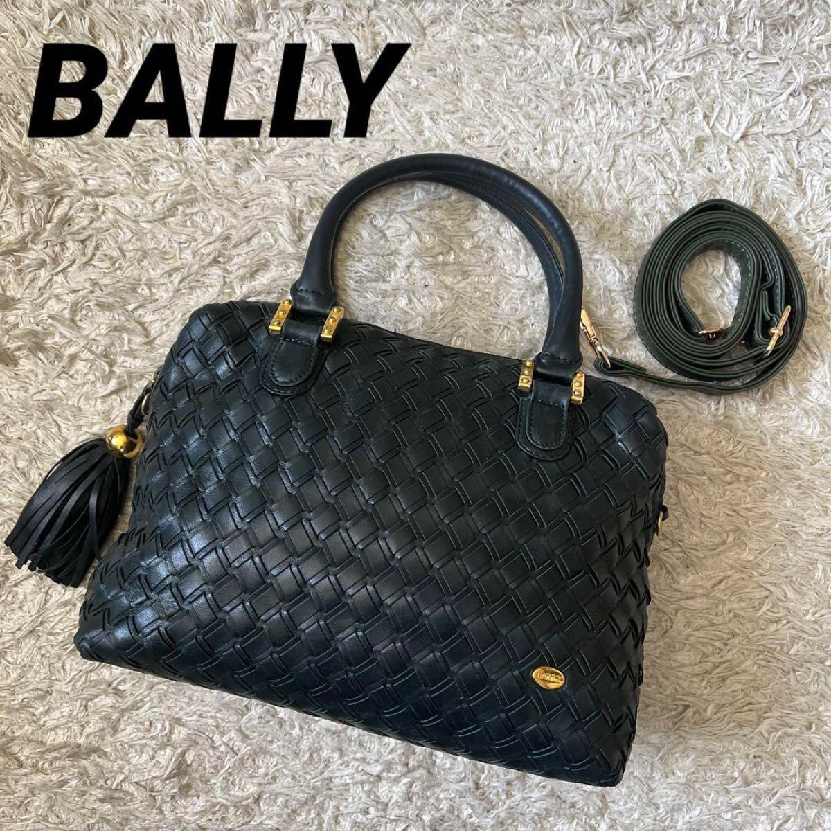 BALLY バリー 2way ショルダーバッグ ハンドバッグ 編み込み メッシュ タッセル フリンジ レザー ダークグリーン 深緑