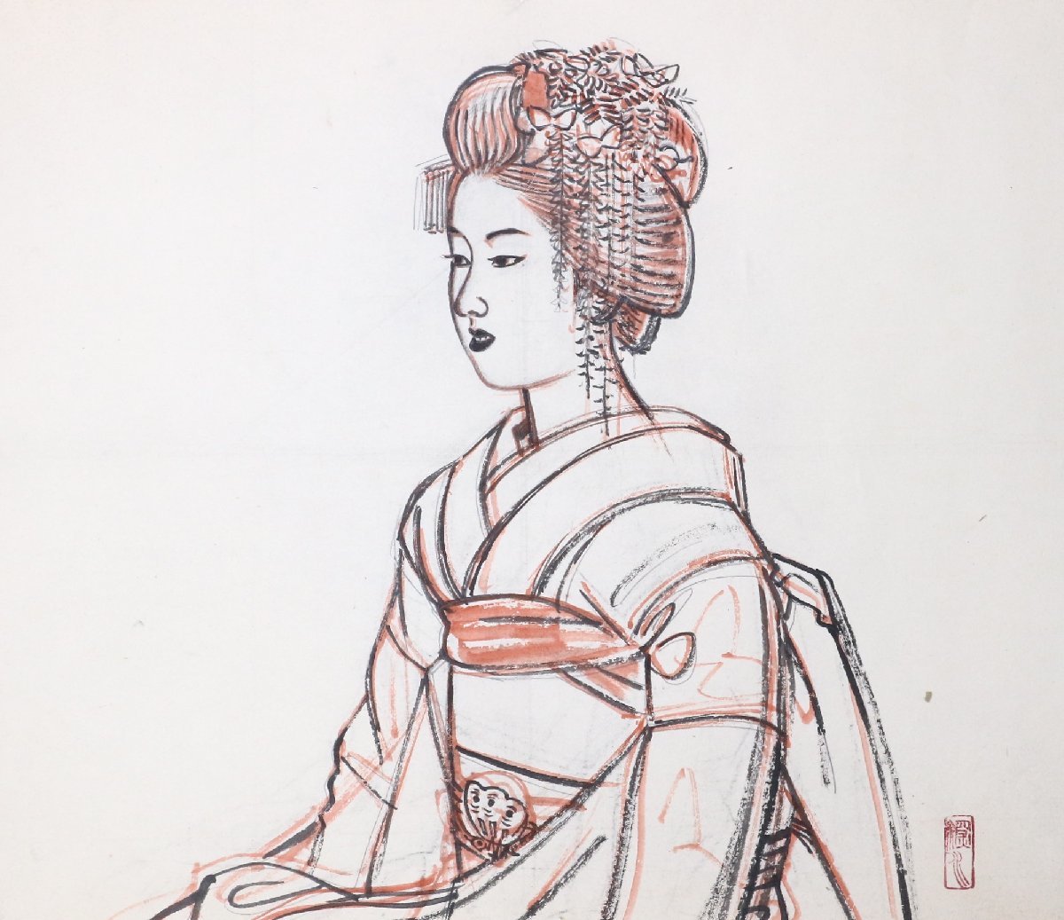 伊東深水 真筆 作品 時代風俗(墨絵) - 絵画/タペストリ