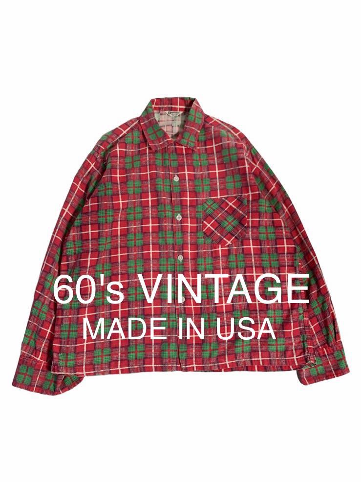 極上 60's VINTAGE プリントネル ネルシャツ フランネルシャツ L USA製 ビンテージ ボックス オープンカラー カートコバーン  seawnee 古着