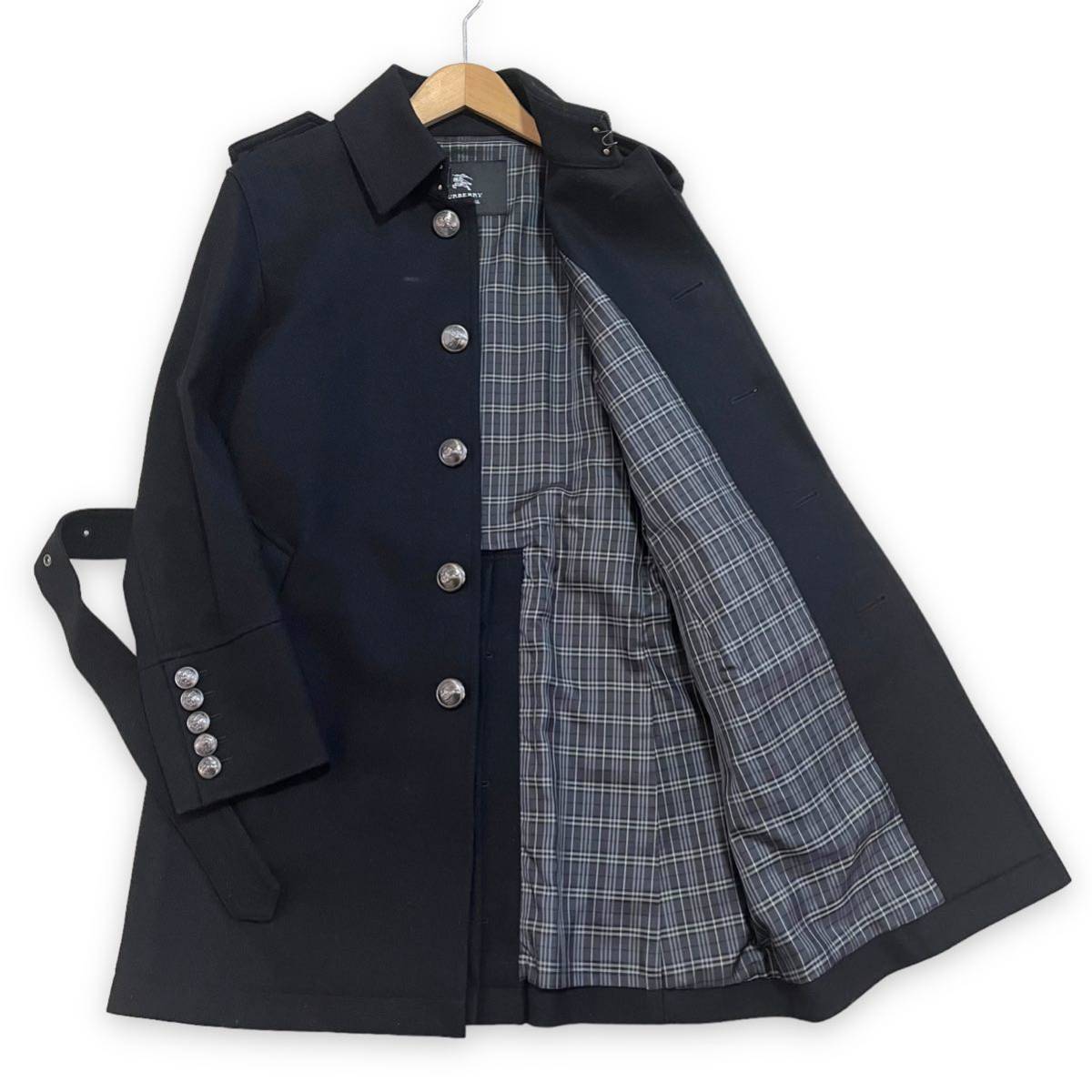 美品 Burberry black label バーバリー ブラックレーベル 刻印メタルボタン 裏地ノバチェック カシミヤ混ウール ステンカラーコート 