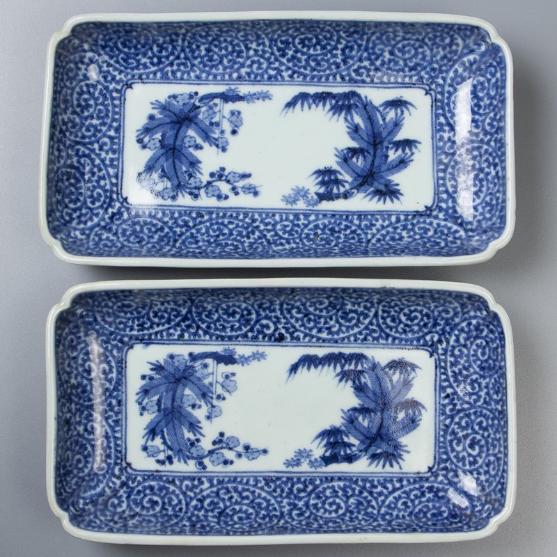 五】古伊万里染付松竹梅蛸唐草文長皿 二客 江戸中期-後期 / Lot:63936