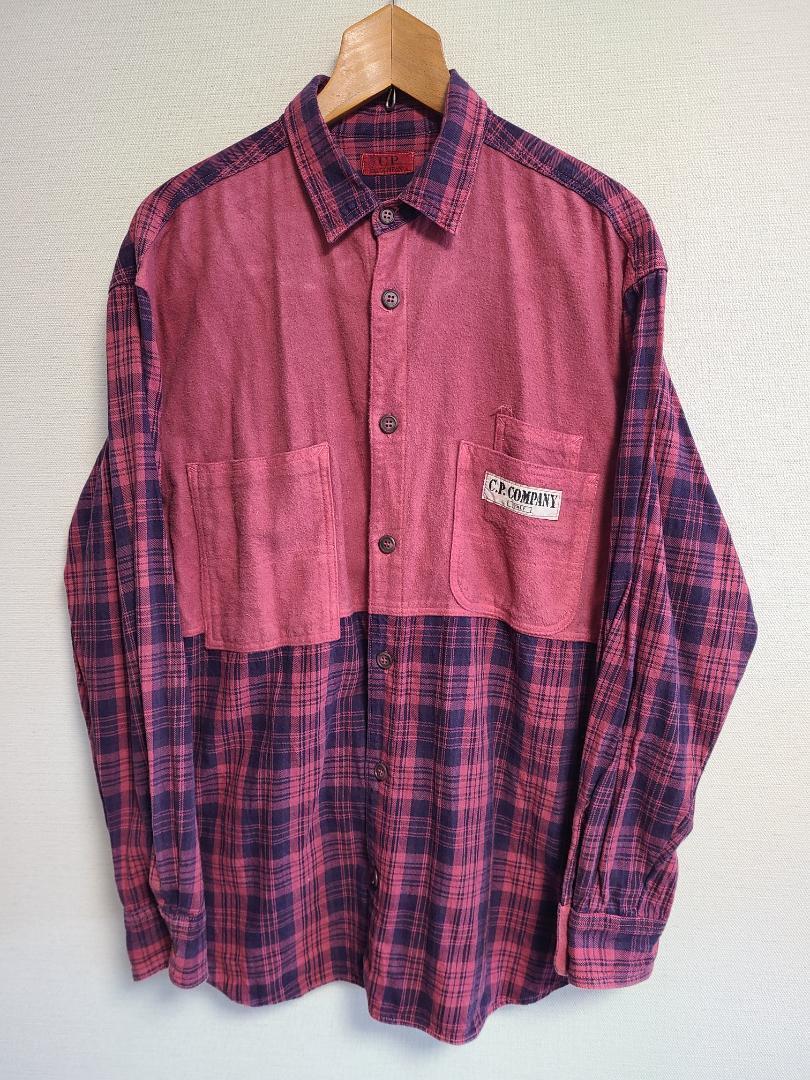 90s old C.P.COMPANY シャツ 長袖 チェック ロゴ 綿 レッド